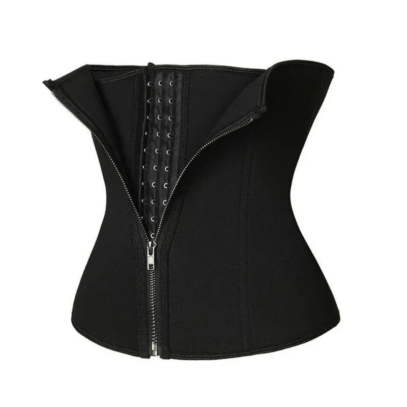 Black body shaping waist trainer with front zipper and hook-and-eye closure – front view – REYVA