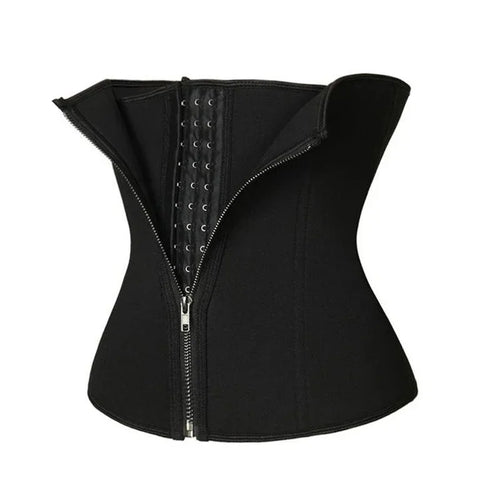 Black body shaping waist trainer with front zipper and hook-and-eye closure – front view – REYVA