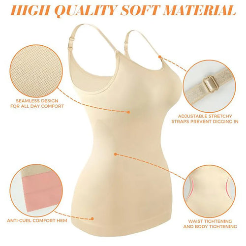 Beige compression camisole featuring seamless design, adjustable straps, anti-curl hem, and waist tightening – REYVA