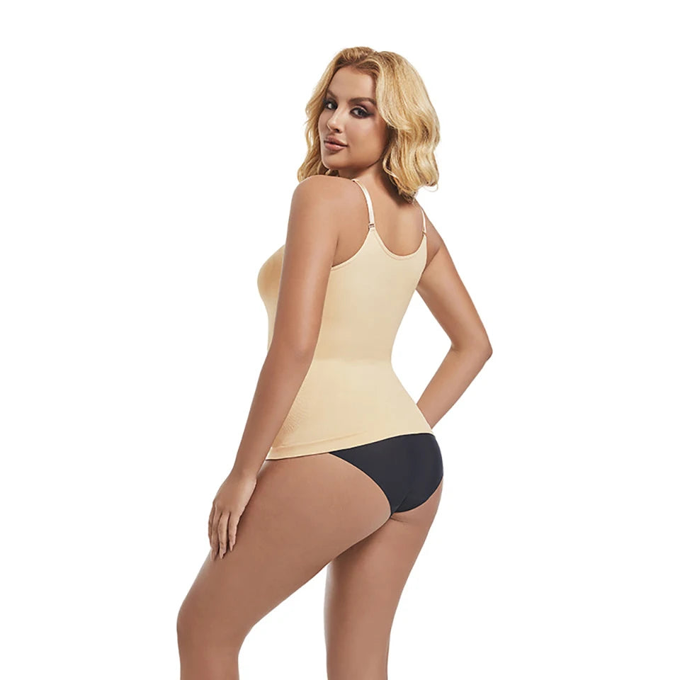 Beige compression camisole with tummy control worn by model – side view – REYVA