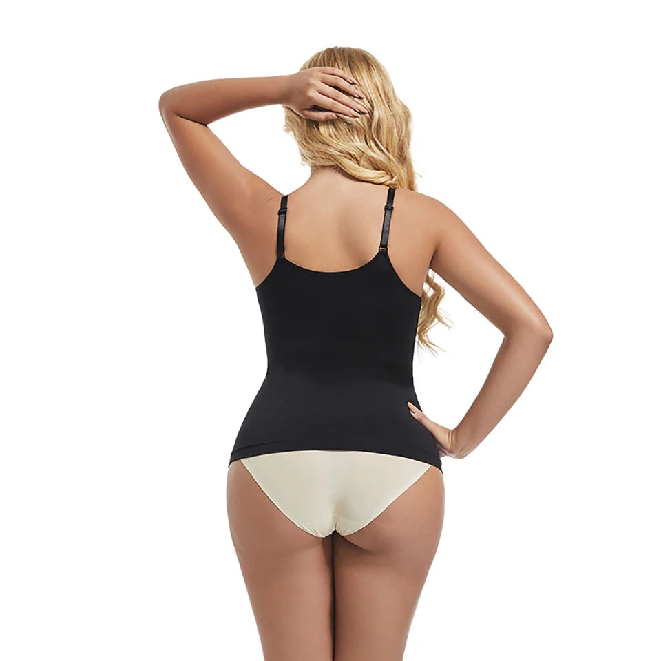 Black compression camisole with tummy control worn by model – back view – REYVA