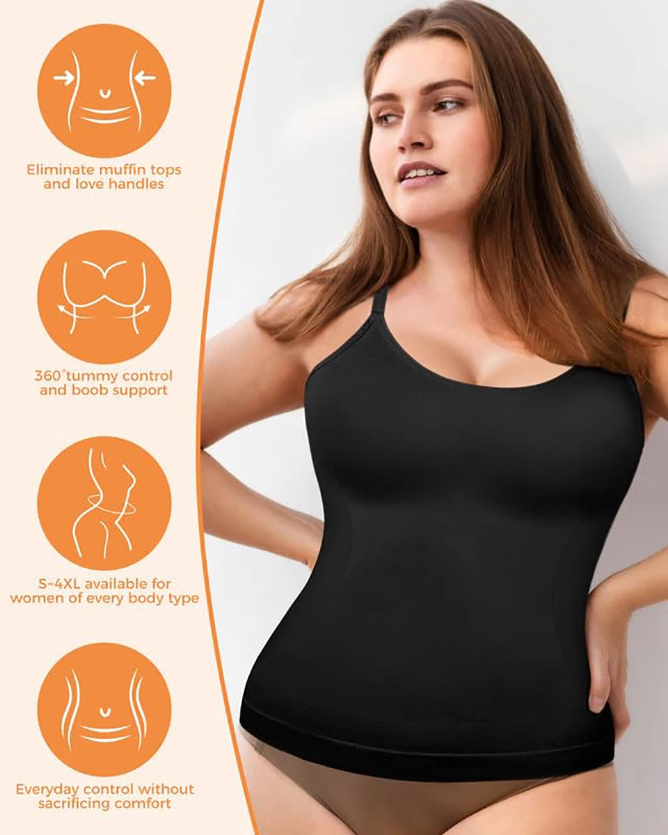 Black compression camisole worn by model with tummy control, muffin top elimination, and 360 boob support – sizes S-4XL – REYVA