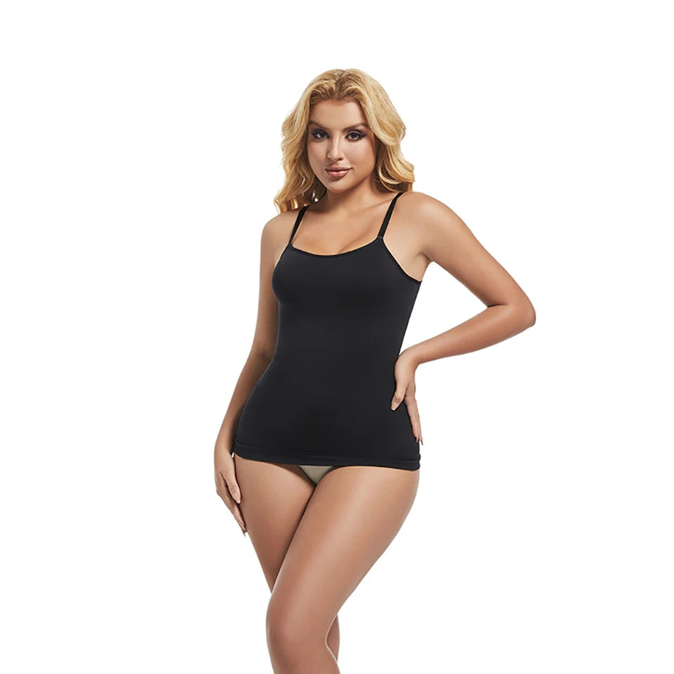 Black compression camisole with tummy control worn by model – front view – REYVA