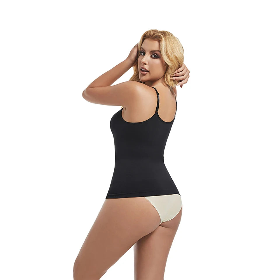 Black compression camisole with tummy control worn by model – side view – REYVA