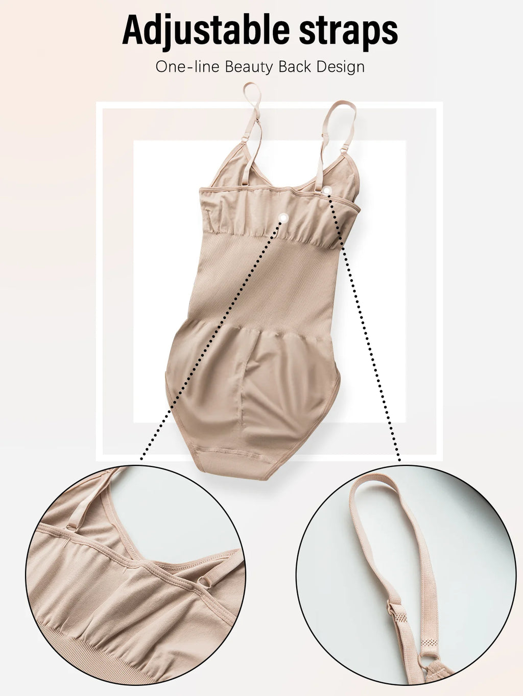 Beige seamless slimming shapewear with adjustable straps and one-line beauty back design detail – REYVA