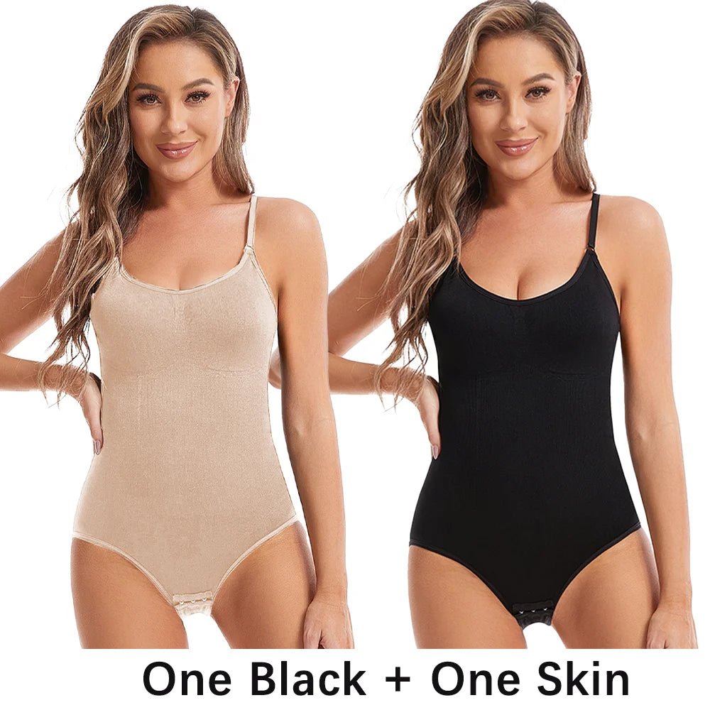 Bundle of 2 seamless slimming shapewear bodysuits in beige and black worn by model – REYVA