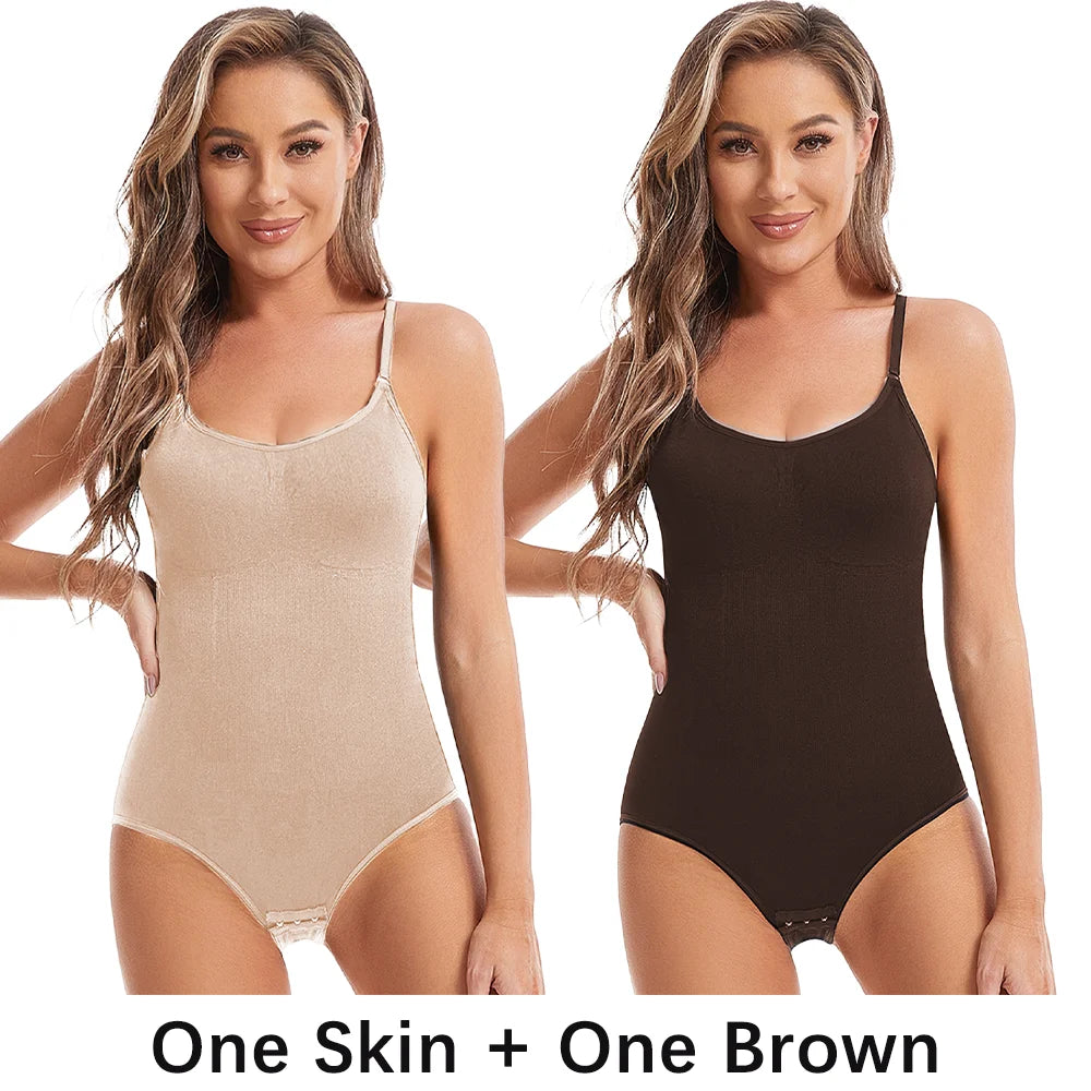 Bundle of 2 seamless slimming shapewear bodysuits in beige and brown worn by model – REYVA