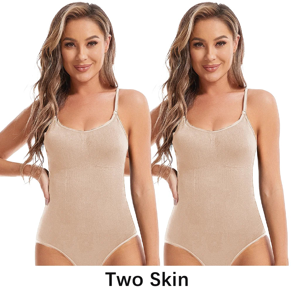 Bundle of 2 seamless slimming shapewear bodysuits in beige worn by model – REYVA