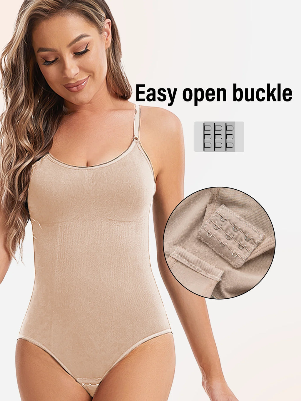 Beige seamless slimming shapewear with easy open buckle closure detail – REYVA