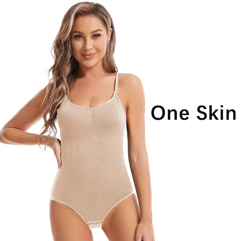 One piece seamless slimming shapewear bodysuits in beige worn by model – REYVA