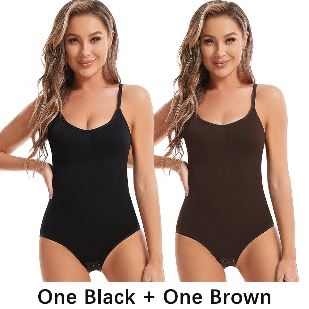 Bundle of 2 seamless slimming shapewear bodysuits in black and brown worn by model – REYVA