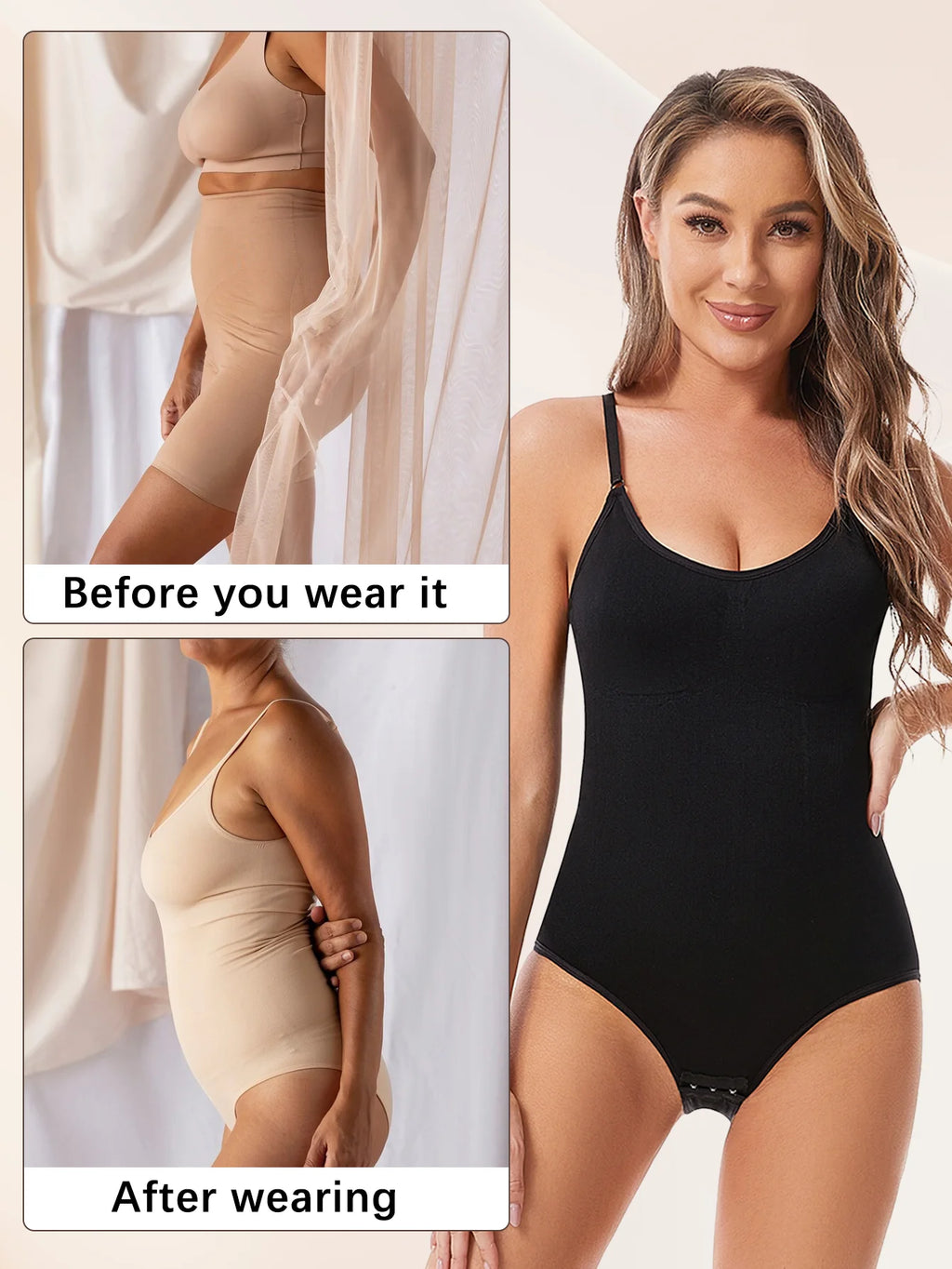 Woman wearing black seamless slimming shapewear bodysuit showing before and after slimming effect – REYVA