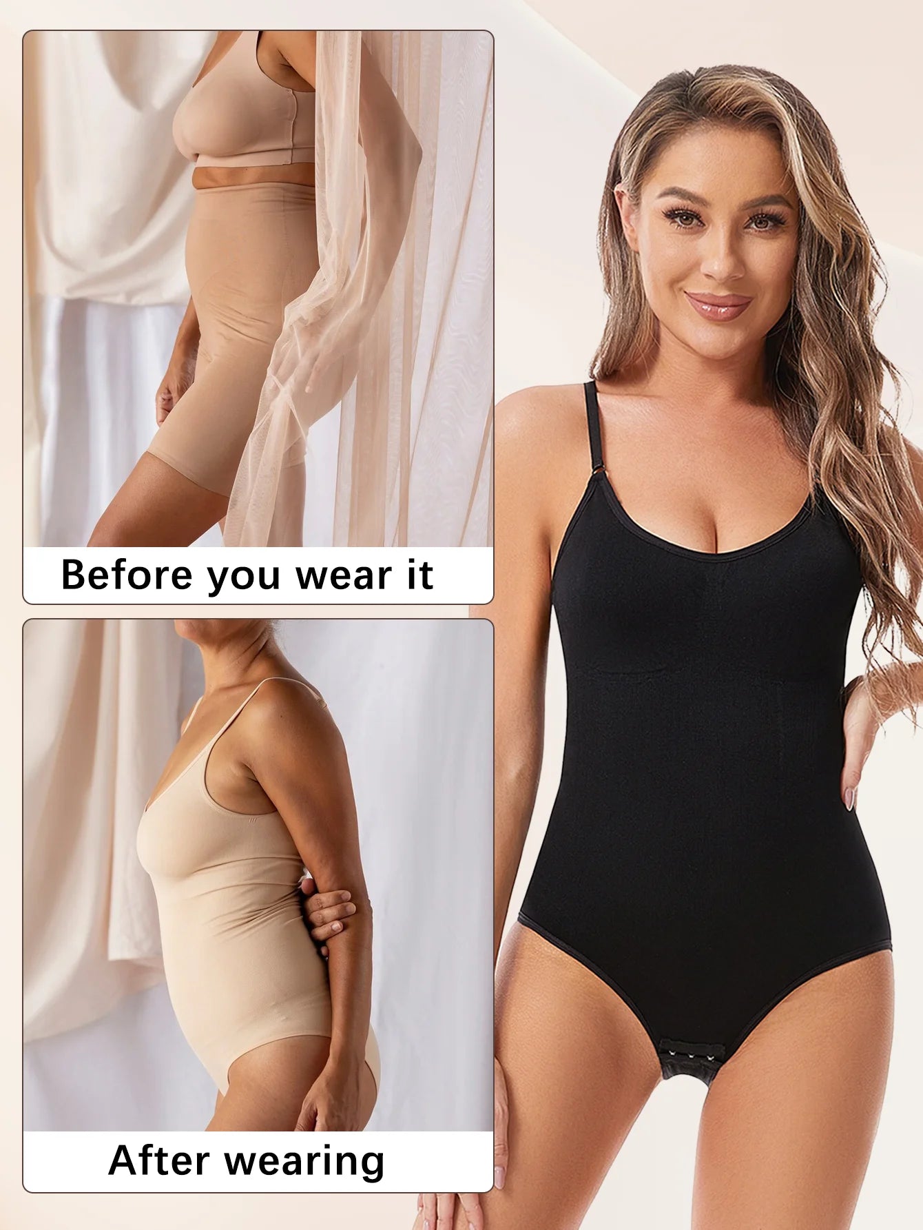 Woman wearing black seamless slimming shapewear bodysuit showing before and after slimming effect – REYVA