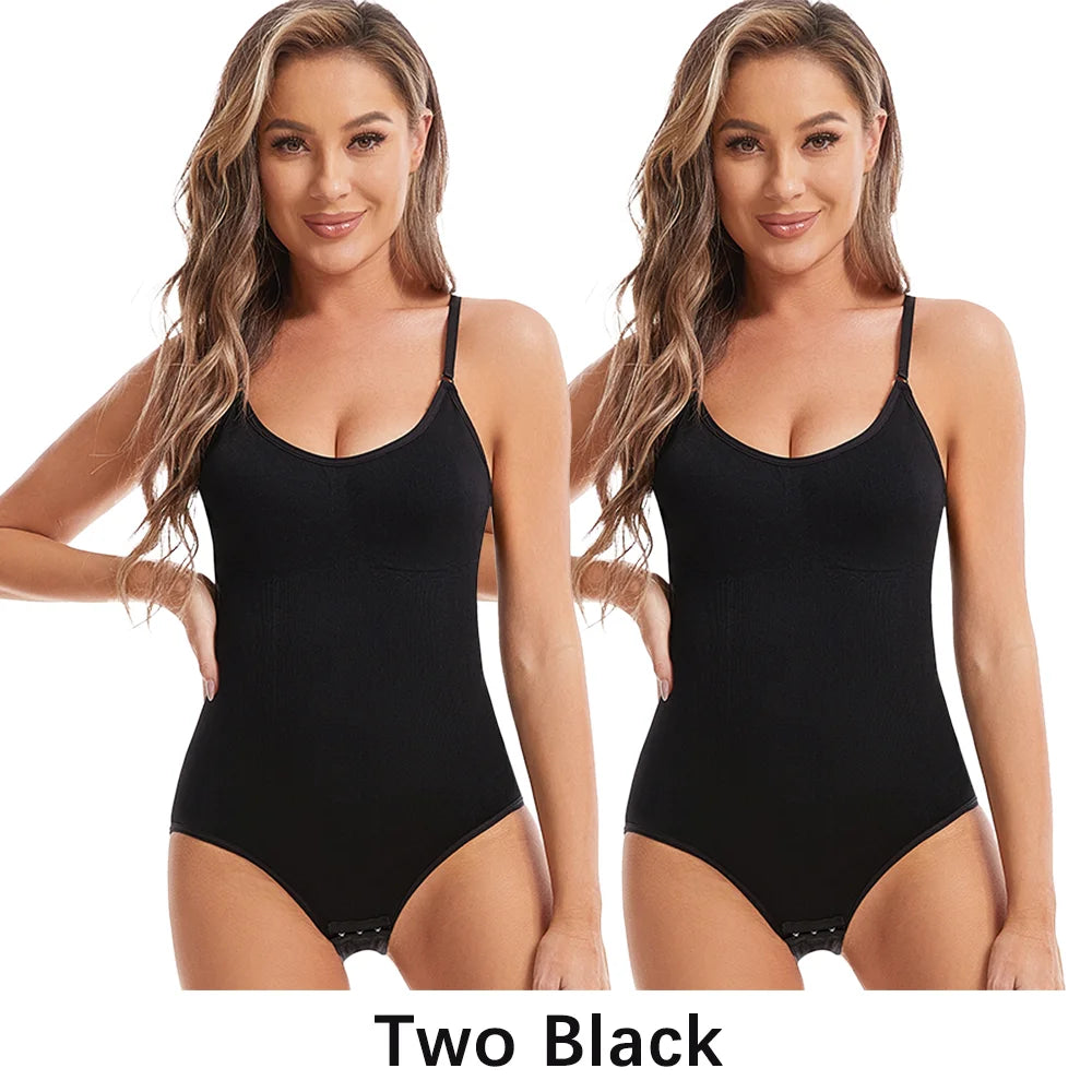 Bundle of 2 seamless slimming shapewear bodysuits in black worn by model – REYVA