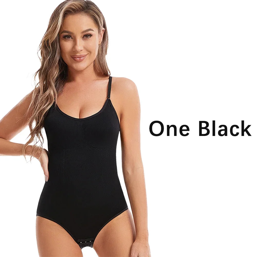 One piece seamless slimming shapewear bodysuits in black worn by model – REYVA