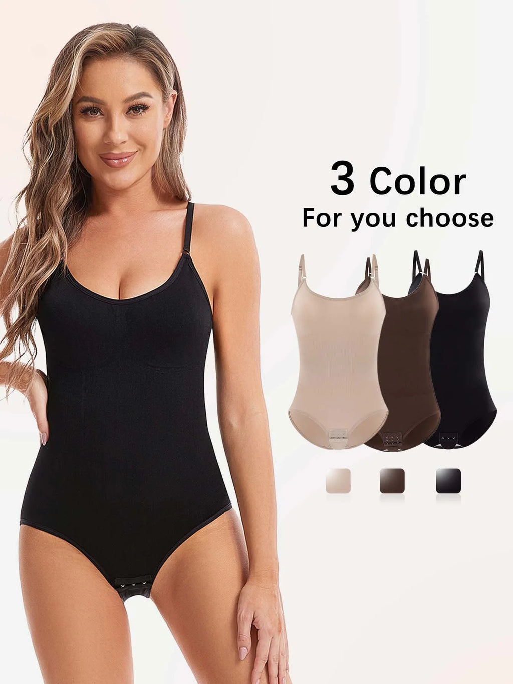 Woman wearing black seamless slimming shapewear bodysuit available in beige, brown, and black – REYVA