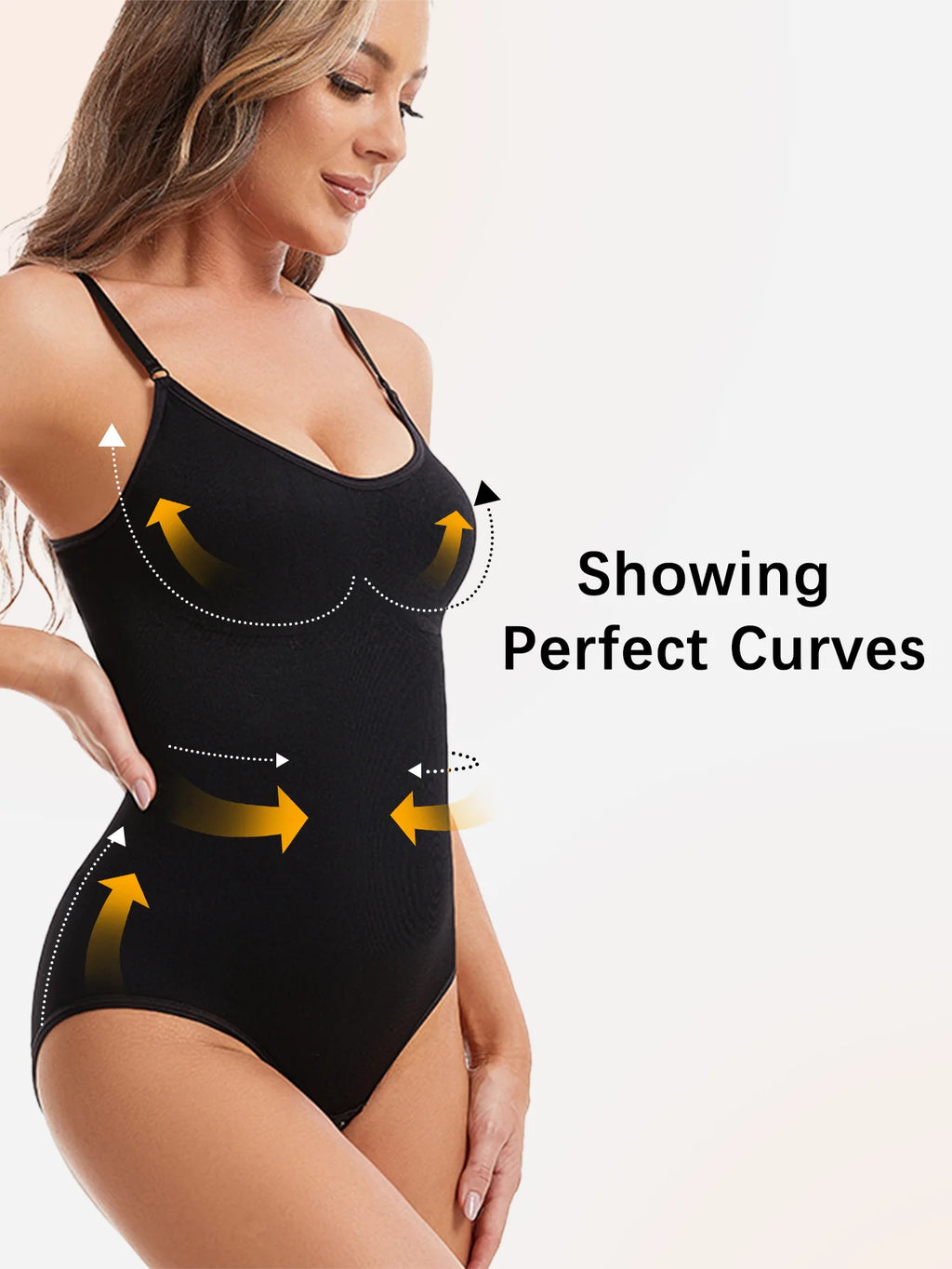 Woman wearing black seamless slimming shapewear bodysuit showing perfect curves and body contouring – REYVA