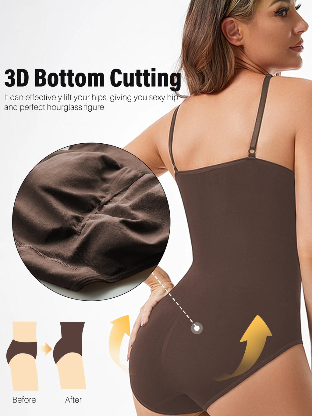 Woman wearing brown seamless slimming shapewear with 3D bottom cutting for hip lift – before and after – REYVA