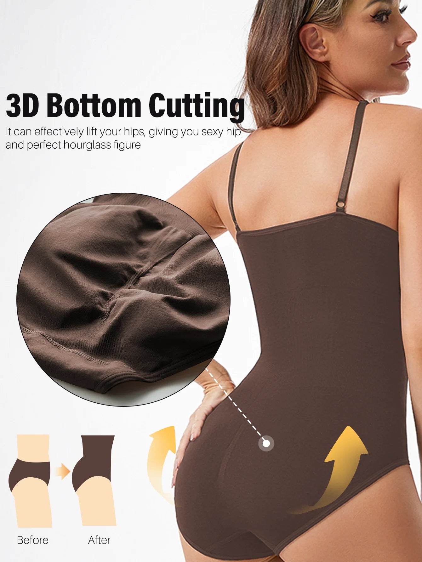 Woman wearing brown seamless slimming shapewear with 3D bottom cutting for hip lift – before and after – REYVA