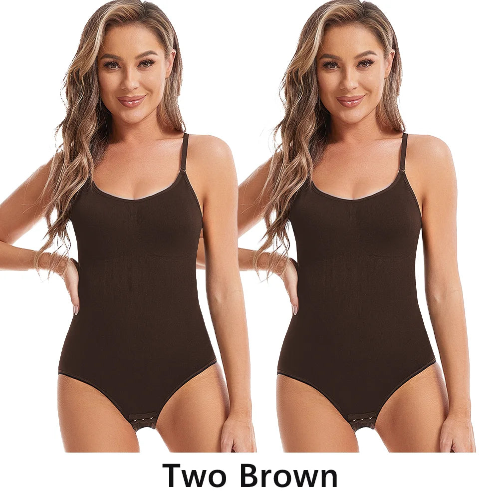 Bundle of 2 seamless slimming shapewear bodysuits in brown worn by model – REYVA