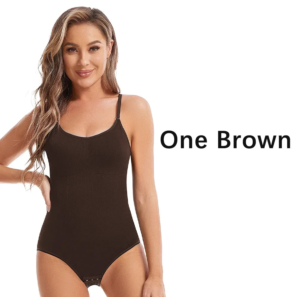 One piece seamless slimming shapewear bodysuits in brown worn by model – REYVA