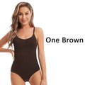 One piece seamless slimming shapewear bodysuits in brown worn by model – REYVA